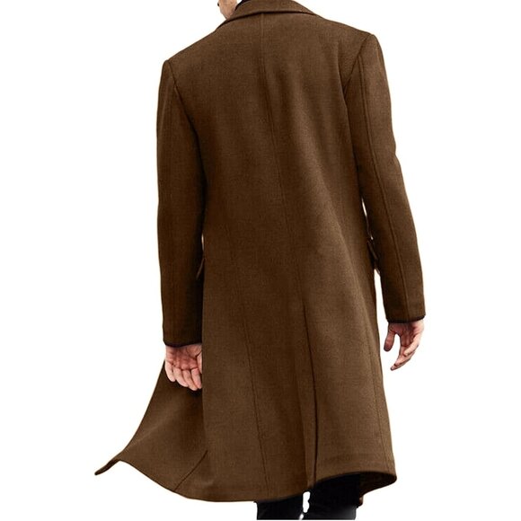 ✨Men Brown Casual Trench Coat Slim Fit Notched Collar Long Jacket Pea Overcoat - Picture 2 of 6